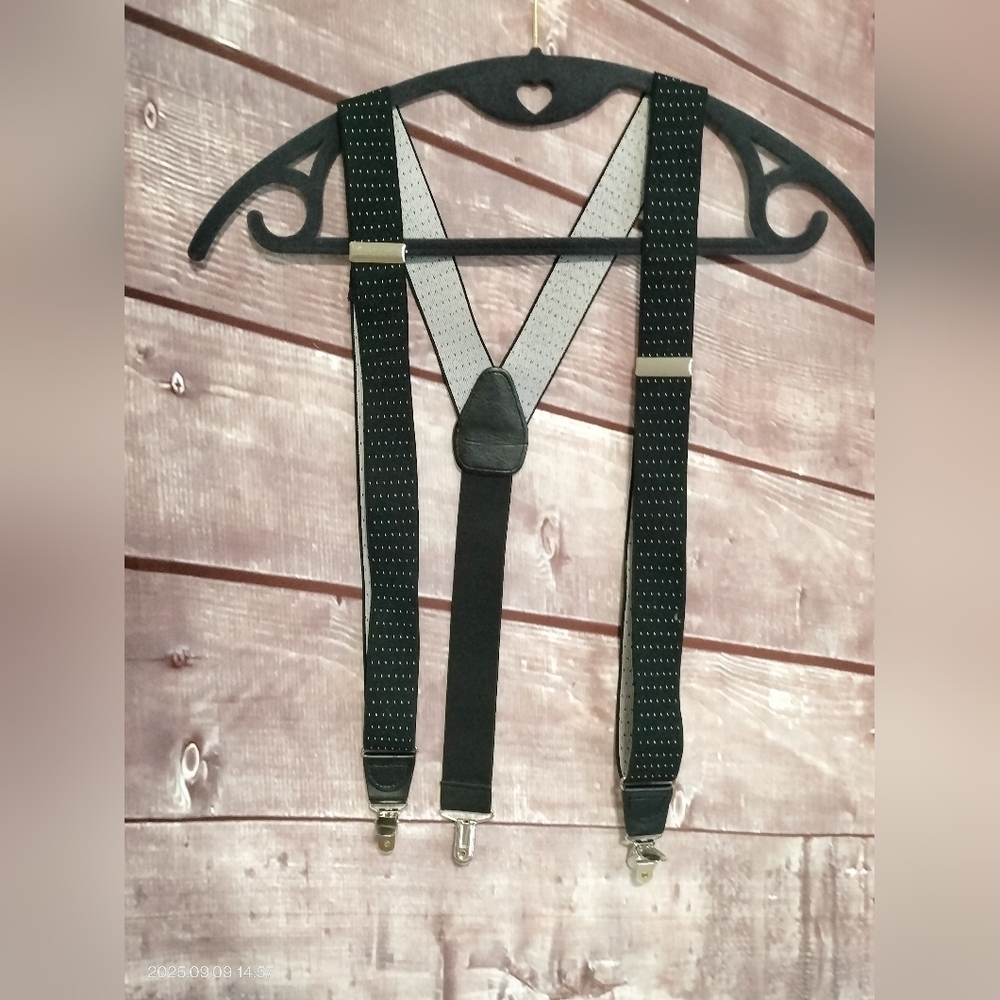 Black and Gray/white Swiss Dots Suspenders  Elastic Clip On Adjustable